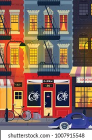 Old small street of New York. People have fun in bar. Vector illustration