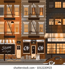 Old small street of New York. People have fun in bar. Vector illustration