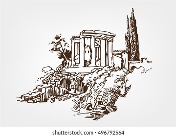 Old small town. A dilapidated gazebo in the landscape.  A Greek motif. 