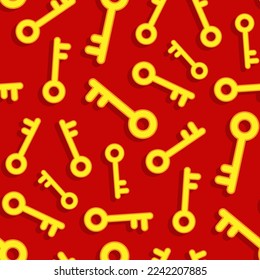 Las antiguas llaves de la puerta amarilla están aisladas de fondo rojo. Patrón perfecto. Ilustración gráfica plana vectorial simple. Textura.