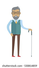 Old smiling bearded man with walking stick. Old man in glasses, blue sweater, brown pants and tie. Smiling man personage in flat design isolated on white background. Vector illustration.