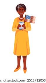 Old smiling black woman wearing yellow dress and heels holding American flag and voting ballot in hands. Isolated cartoon character on white. Senior female. USA election concept. Vector illustration