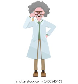 Old smiling professor in smock and with flask in his hand. Cartoon character. Chemistry teacher. Isolated on white flat style vector illustration.