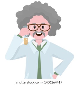 Old smiling professor in smock and with flask near his face. Cartoon character. Chemistry teacher or researcher. Isolated on white flat style vector illustration.