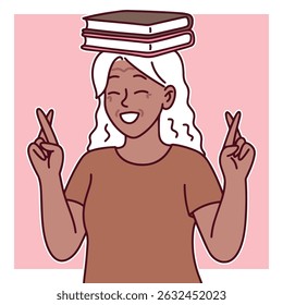 Old smiling senior woman with long white hair holding both hands in crossed fingers while balancing a stack of books on her head, symbolizing learning, balance, and positivity