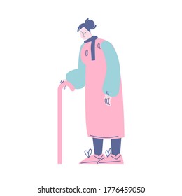 Old smiling woman with club standing in queue