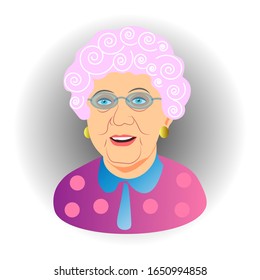 Old smiling woman with gray hair and glasses. In a lilac sweater. Avatar Icons. Isolated. Vector