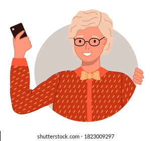 Old smiling woman wears glasses, with grey short hair and smartphone in her hand. Female figure close-up in grey circle. Mature woman wearing red dotted dress with bow around her neck. Flat image