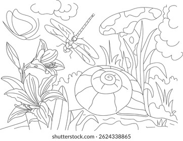 Old Snail Shell, Dragonfly, and Lily Line Art, Detailed black and white line art illustration featuring an old snail shell resting on the ground. A dragonfly hovers nearby, while a blooming lily