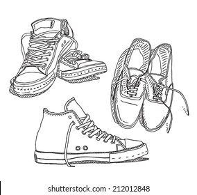 Old sneakers vector drawing set isolated on white background