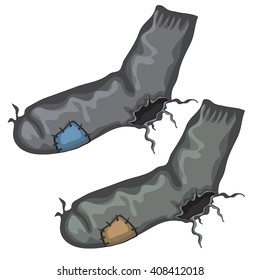 Old socks are sewn with a ragged heel isolated on white background. Vector cartoon close-up illustration.