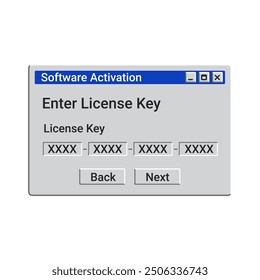 Old software activation message on screen. Enter license key window. Serial code window.