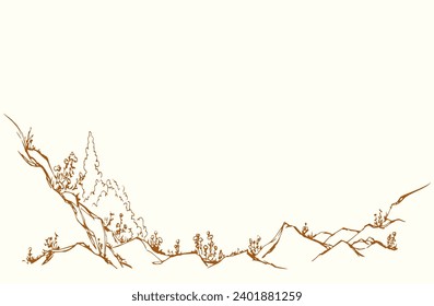 Old solid clay cliff crag soil floral lawn scene text space outline black ink pen hand drawn vintage doodle art. Scenic spring view wood herbal shrub leaf herb flora berry sea water coast frame border