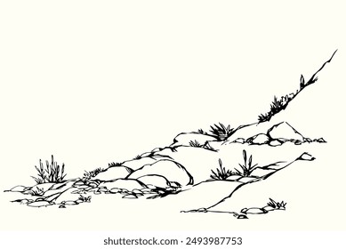 Old solid clay cliff crag soil floral lawn scene text space outline black ink pen hand drawn vintage doodle art. Scenic spring view wood herbal shrub leaf herb flora berry sea water coast frame border