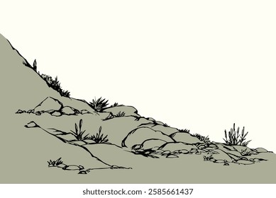 Old solid clay cliff crag soil floral lawn scene text space outline black ink pen hand drawn vintage doodle art. Scenic spring view wood herbal shrub leaf herb flora berry sea water coast frame border
