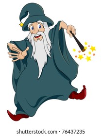 Old Sorcerer casting magic on white background