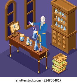 Old sorcerer doing alchemy in laboratory making potions 3d isometric vector illustration