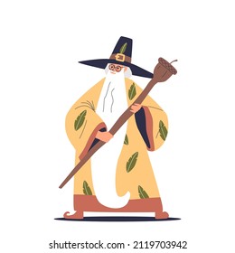 Old sorcerer man with magic staff stick wearing wizard robe costume tell spell. Senior bearded fairytale magician character. Cartoon flat vector illustration