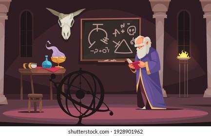 Old sorcerer reading alchemy book in room with board animal skull table with alchemic tools cartoon vector illustration