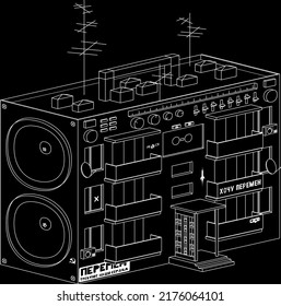 An old Soviet apartment building in the form of a cassette boombox with graffiti. There is graffiti on the building, translation: "Our hearts demand change" and "I want change."