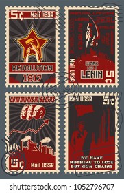 Old Soviet Communism Propaganda Postage Stamps Stylization