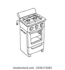 An old Soviet gas stove with an oven. Vector illustration with black contour lines, isolated on a white background in a hand drawn style.