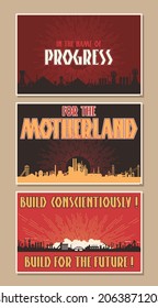 Antiguos anuncios de propaganda industrial soviética estilo Juego de ilustraciones, fondo de siluetas de planta y fábrica, llamados motivacionales 