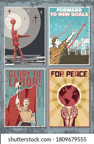 Old Soviet Propaganda Posters Stylization, Workers, Earth, Spacecraft launching, Industrial Backgrounds