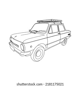 Old soviet style car (Zaporozh). Black and white retro illustration on a green background.