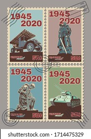 Old Soviet War Propaganda Postage Stamps Stylization, World War 2 Victory Day Postmarks, Multiple Rocket launcher, Tank, Red Army Soldiers