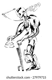 old space man with the stick hand drawing
