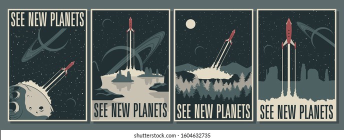 Old Space Poster Stylization, Retro Future Sci Fi, Space Rocket, Distant Planet Landscapes