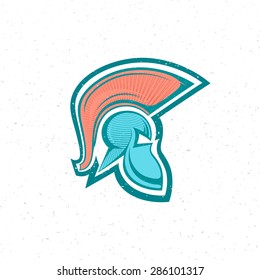 old Spartan, Greek or Roman warrior helmet logo for head protection soldiers with a crest of feathers or horsehair with slits for the eyes , engraving style grunge color vector illustration icon