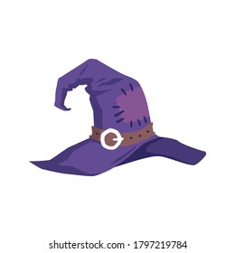 Old spooky witch hat for Halloween costume - dark purple pointy wizard cap with patched spot and brown buckle. Vector illustration isolated on white background.
