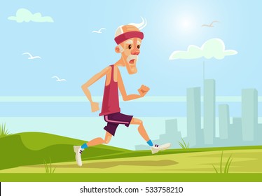 Old Sport Man Character Running. Healthy Lifestyle. Vector Flat Cartoon Illustration