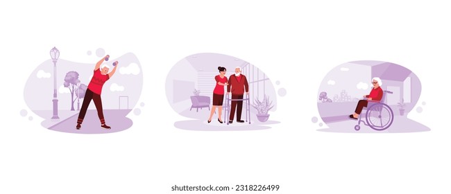 Old sportsman doing light exercise outdoors. The nurse helps a patient learn to walk with an assistive device. The older woman was sitting in a wheelchair by the window. Trend Modern vector flat illus