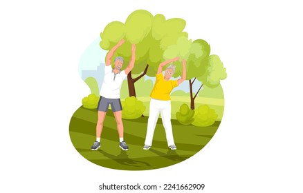 Old sporty couple senior and woman in the morning city green park. Outdoor activity or healthy lifestyle. Elderly people in sportswear suit doing morning exercise. Cartoon isolated vector illustration