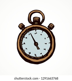 Old sporty tick ring record object on white backdrop. Freehand outline black ink hand drawn work end timepiece tool logo pictogram emblem in art modern doodle cartoon style pen on paper space for text