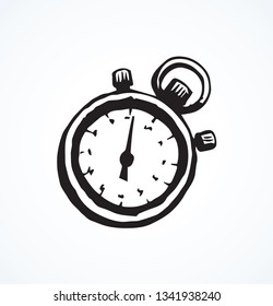 Old sporty tick ring record object on white backdrop. Freehand outline black ink hand drawn work end timepiece tool logo pictogram emblem in art modern doodle cartoon style pen on paper space for text