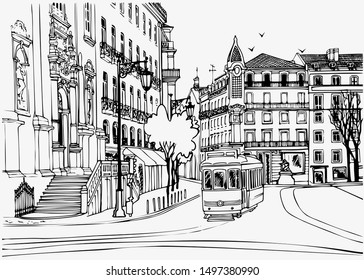 Old Square in the center of Lisbon with an old tram. Ancient European city. Urban landscape sketch. Hand drawn style. Line art. Black and white vector illustration on white.