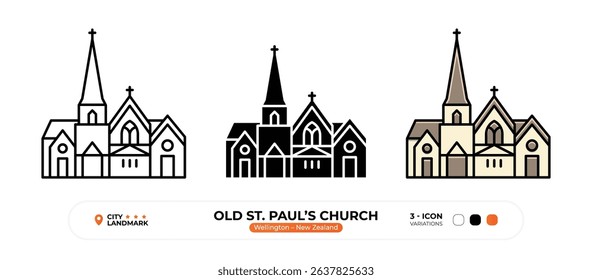 Old St. Paul’s Church Line Icon, Wellington, New Zealand Landmark Silhouette, Color Vector, Editable Stroke.