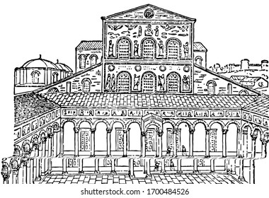 Façade,  old St. Peters Rome, an artificial-intelligence,  an artificial intelligence-based art, vintage line drawing or engraving illustration.