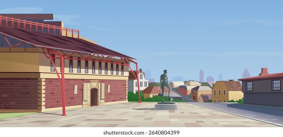 Old stadium building with square, monument of football player with ball. Classic sports arena in European style, stadium stand. City infrastructure, street with houses, cityscape. Vector cartoon.