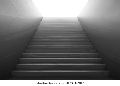 Old staircase with broken concrete steps, scratches on wall and white light on top. Vector realistic interior with empty stone stair rising from tunnel. Concept of hard career growth, future success