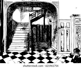 Old stairway, hand drawn vector illustration
