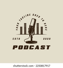 old stand microphone logo vintage vector illustration template icon graphic design. podcast sign or symbol for broadcast or radio business with retro typography style concept