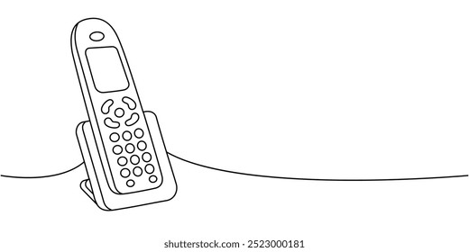 Desenho contínuo de uma linha de telefone fixo antigo. Gadgets de comunicação retroativa. Ilustração linear de vetor.