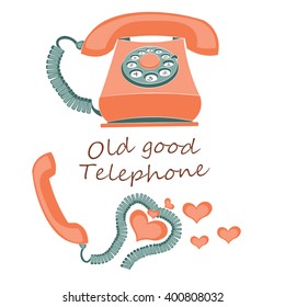 old stationary red and blue rotary dial phone, vintage telephone, heart shape cable  on white