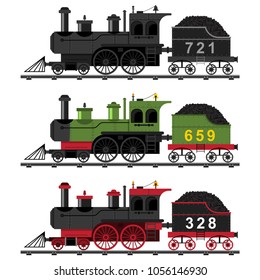 Old Steam Engine Train Vector Flat Set. Cartoon Illustration Of A Railway Locomotive With Coal On Rails Isolated On A White Background.