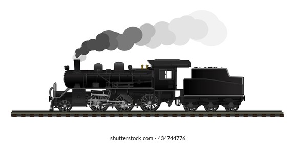 Old steam locomotive black isolated on white background. Vector Illustration